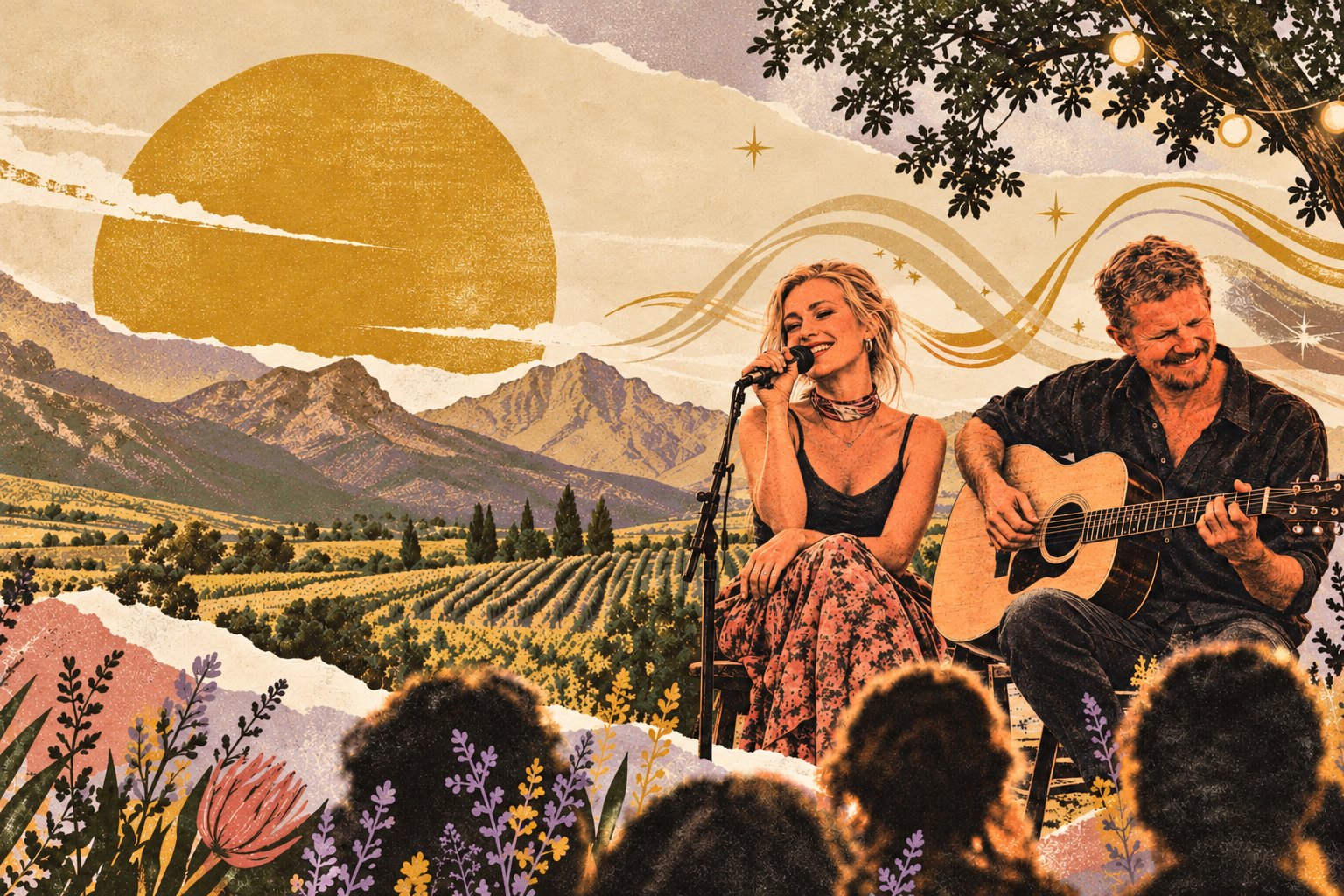 Collage illustration: René singing and Lukas on guitar for a small audience under a tree with festoon lights, a mustard-gold sun setting over Cape Winelands vineyards and mountains